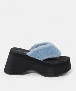 KOI Footwear Sugar Paws Fluffy Blue Flatform Thong Sandals