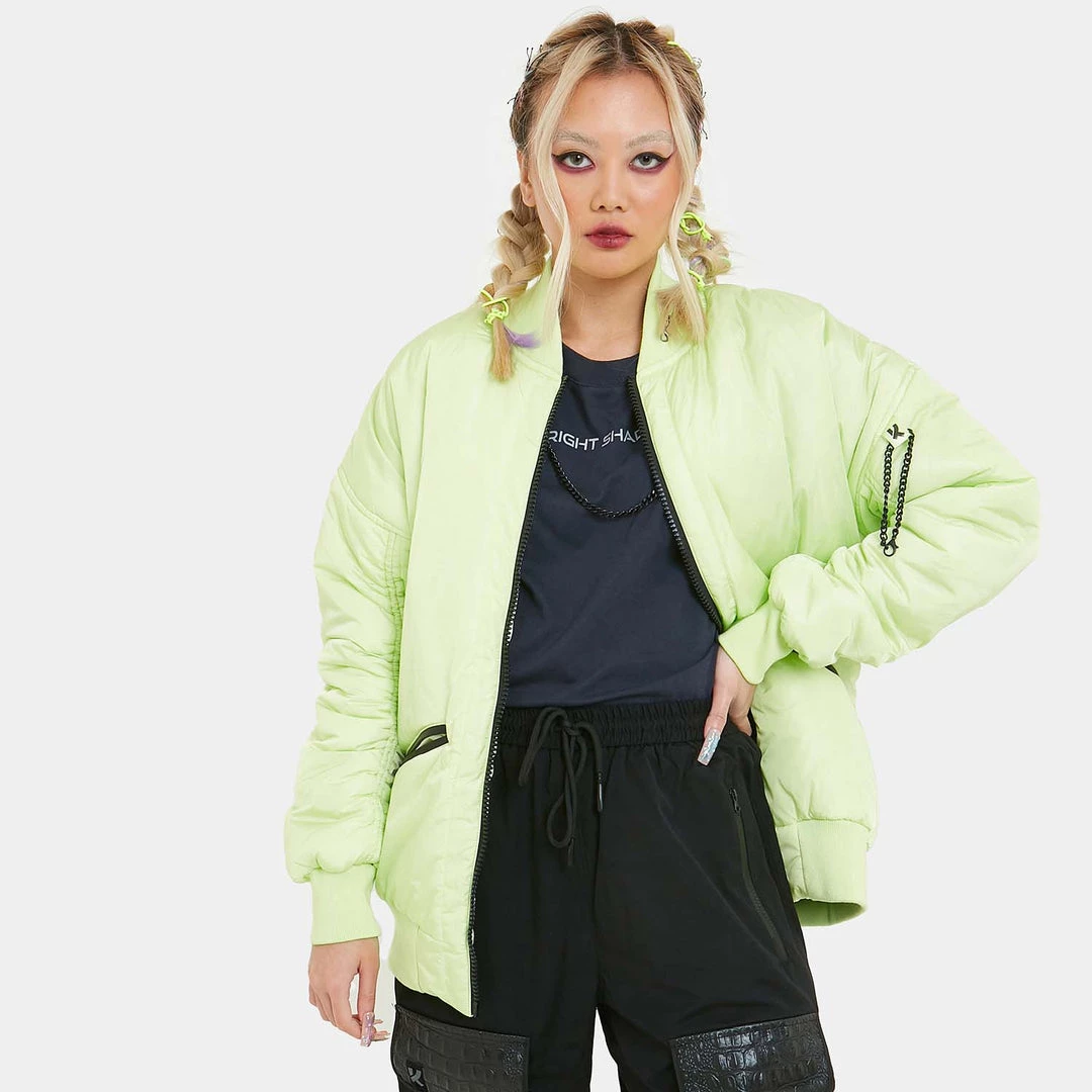 KOI Footwear Lime Green Messages Women's Bomber Jacket CLOTHING 7 KOI Footwear Lime Green Messages Women's Bomber Jacket CLOTHING