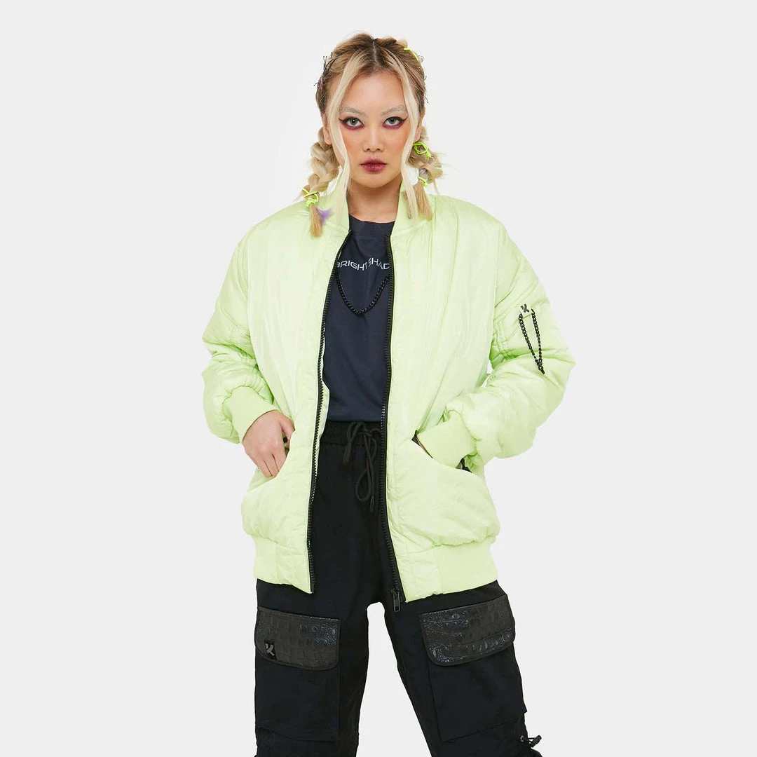 KOI Footwear Lime Green Messages Women's Bomber Jacket CLOTHING 3 KOI Footwear Lime Green Messages Women's Bomber Jacket CLOTHING