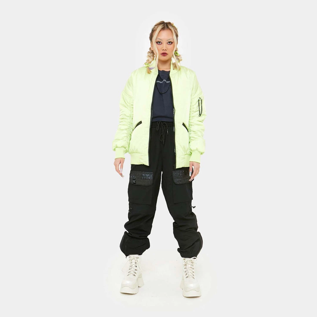 KOI Footwear Lime Green Messages Women's Bomber Jacket CLOTHING 5 KOI Footwear Lime Green Messages Women's Bomber Jacket CLOTHING